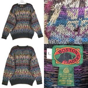 Boston Traders Vintage Pure Wool Knit Sweater Size Large L Crewneck Multicolor